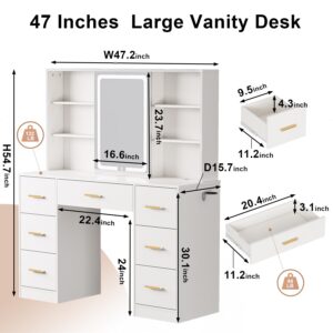 knoworld 47'' Large Vanity Desk with Mirror and Lights, 7 Drawers, 8 Storage Shelves Vanity Table, Big Makeup Vanity Desk with 3 LED Lighting Modes, Vanity Dresser with Outlet, Sliding Mirror (White)