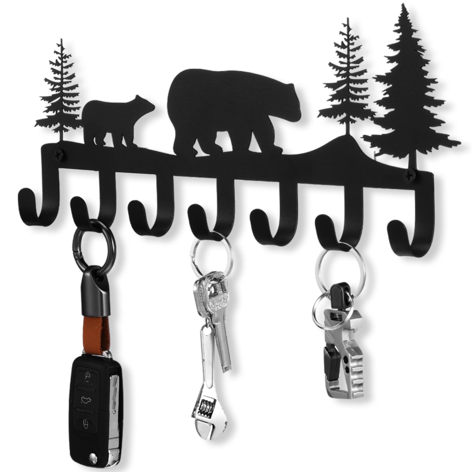 Briwooody Metal Bear Keys Hooks 11.8 x 5.1 x 1.18 Inch Decorative Wall Mounted Black Key Holder Hooks Forest Bear Design Key Organizer with 7 Hooks for Entryway Front Door Living Room Bedroom Decor