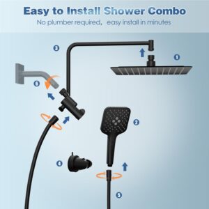 Gabrylly Shower Heads with Handheld Spray Combo, 10" High Pressure Rainfall Shower Head with 11" Extention Arm and Suction Cup Holder, 3-Setting Handheld Shower Head with 59" Shower Hose, Matte Black