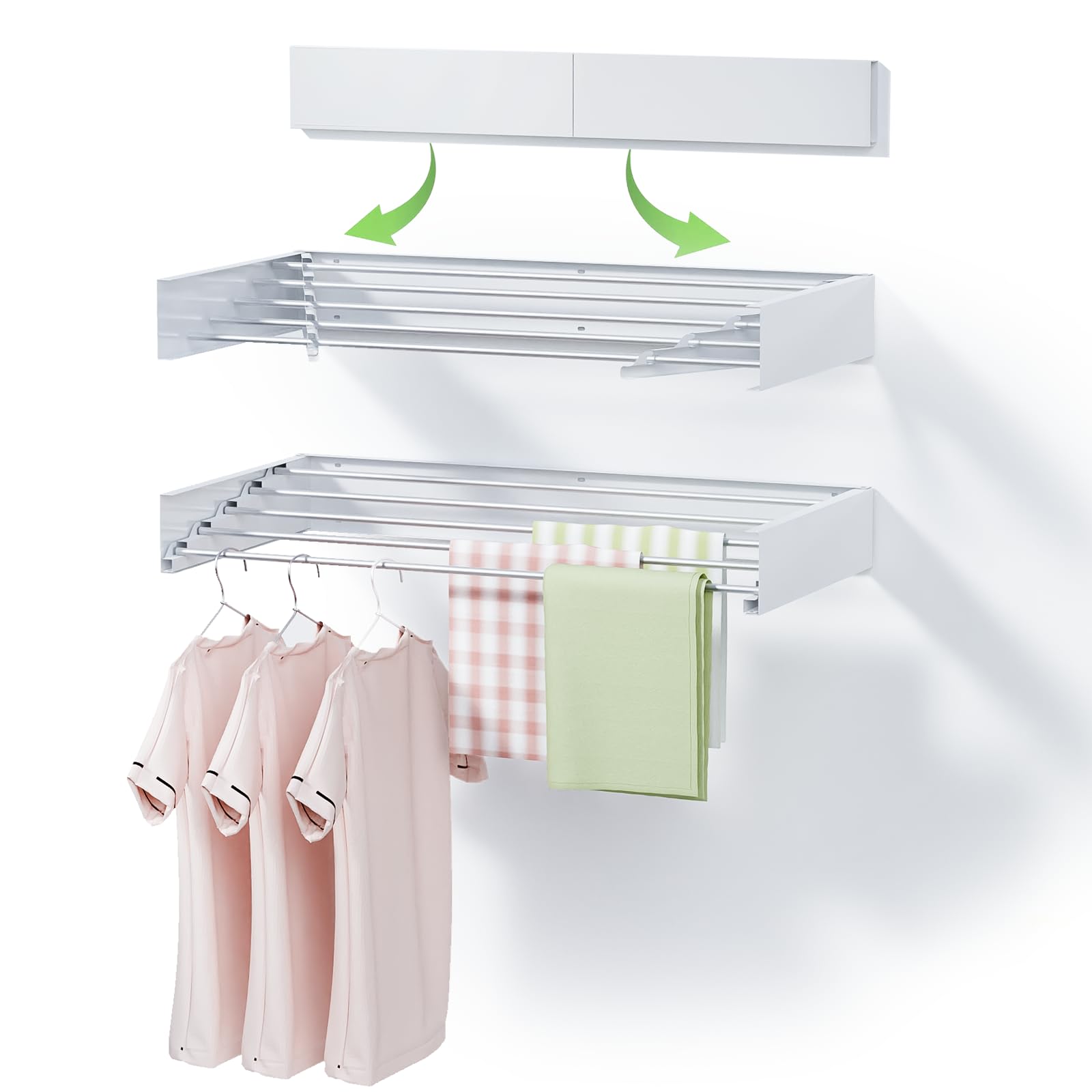 QIICMER Drying Rack Clothing，Wall Mounted Drying Rack，Collapsible Drying Racks for Laundry，Retractable Clothes Drying Rack， Laundry Space Saver Wall Mounted Rack，60 lb Capacity(White 31.5")