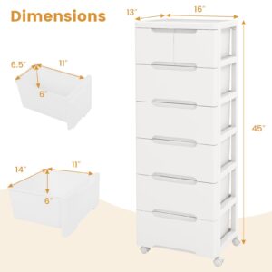 LOKO 7-Drawer Plastic Rolling Storage Cart, Mobile Storage Cabinet with 4 Universal Wheels, Vertical Storage Tower Container Unit for Living Room, Bedroom, Home Office, White (16”x13"x45” (7 Drawers))