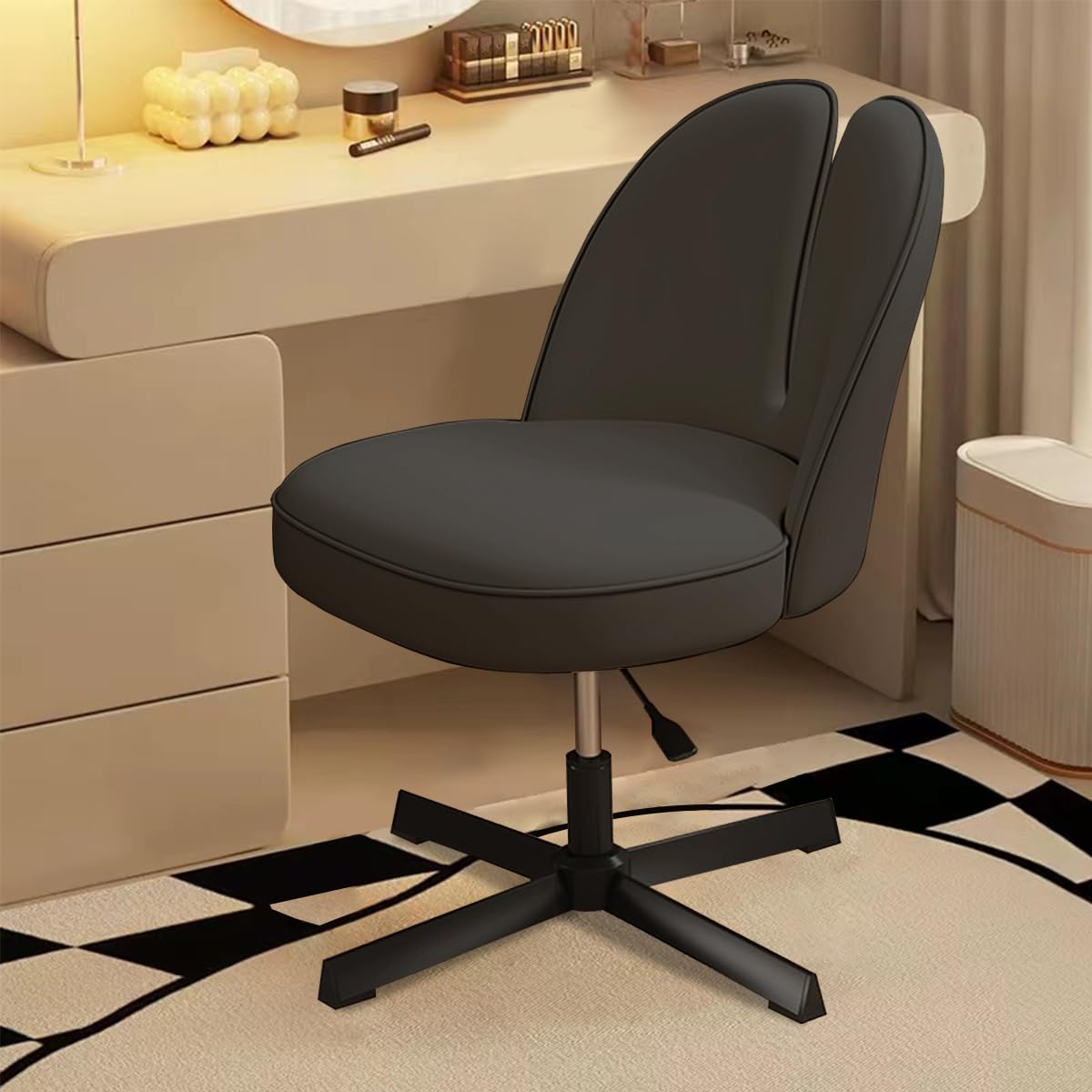 XUEGW Cute Desk Chair No Wheels Office Chair Armless Computer Task Chair Height Adjustable PU Leather Vanity Chairs Swivel Makeup Bedroom Chair for Home Office, Black