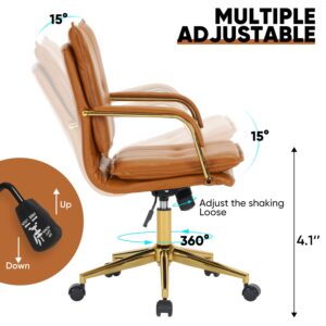 Mid-Back Ergonomic Leather Office Chair, Modern Upholstered Executive Desk Chair with Gold Frame Armrest Computer Task Chair (Camel)