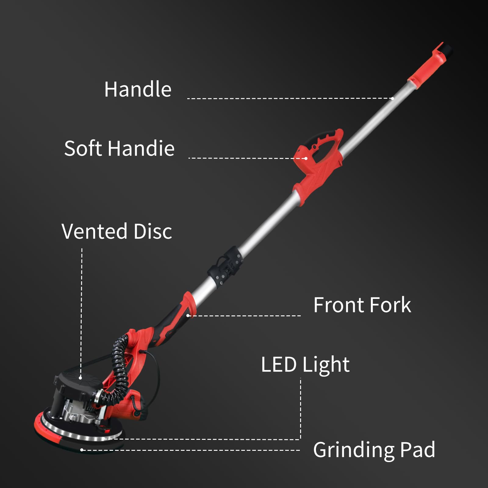 TurboVolt Drywall Sander With Vacuum Dust Collector,Variable Speed 800W Electric Sander,Popcorn Ceiling Removal Tool 800-1800RPM with Foldable Ceiling Sander,Extendable Handle,LED Light,Sanding Discs