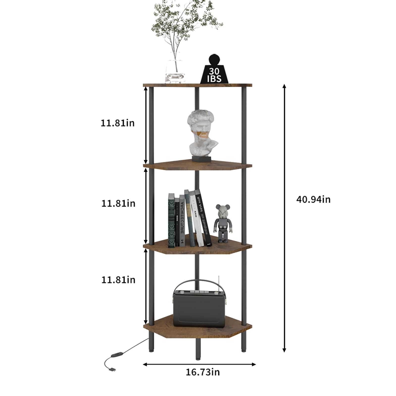 4 Tier Corner Shelf with LED Light,Tall Corner Wall Shelf, Display Shelf,Narrow Bookshelf,The Classic Combination of Rustic Brown and Black Standing Shelf,Suitable for Bedroom,Living Room,Kitchen