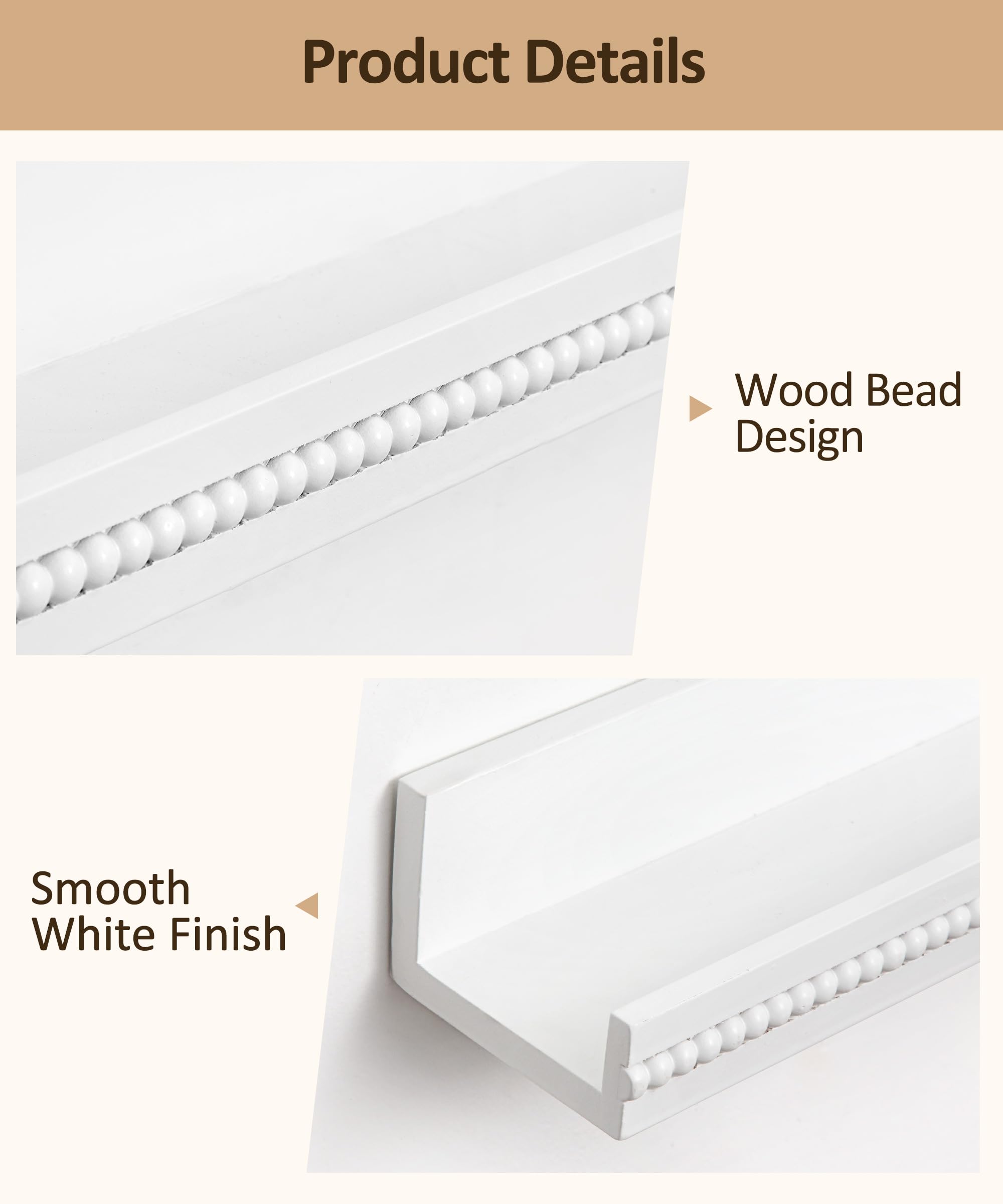 Mazjoaru White Floating Shelves 24 inch for Wall Set of 2, Long Floating Shelves Wall Book Shelf with Lip, Wall Mount Shelf with Wood Beads for Bedroom Bathroom Nursery Living Room