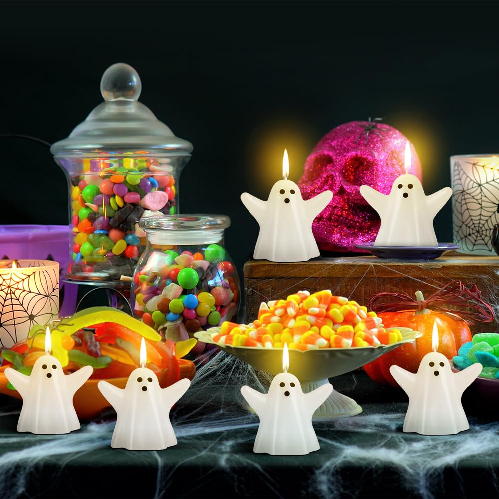 AKEROCK 10 PCS Halloween Ghost Candles, 2.75 x 2.36 Inches Cute Halloween Decorations Indoor for Table, Mantel, Desk, Kitchen Coffee Bar - Spooky Halloween Ghost Decor for Halloween Party Decorations