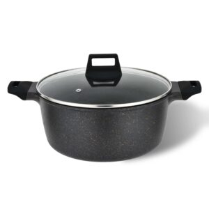 vivicreate cast aluminum stock pot pan with lid, marble color non stick coating, stainless steel bottom, long handle with rubber coating, dishwasher machine (9.5 inch)