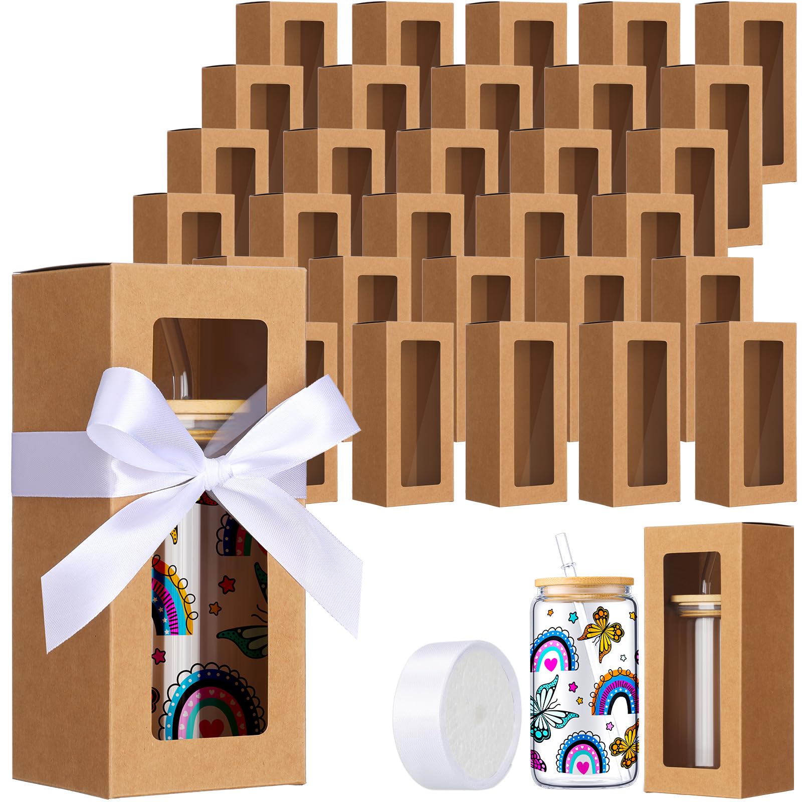 FillTouch 60 Pcs Gift Boxes with Ribbon for Sublimation Glass Exhibition Boxes Transparent Gift Box for 12oz 16oz 20oz Drinking Glasses Jar Sublimation Glass Can Blank Tumbler Gift Box (Brown)