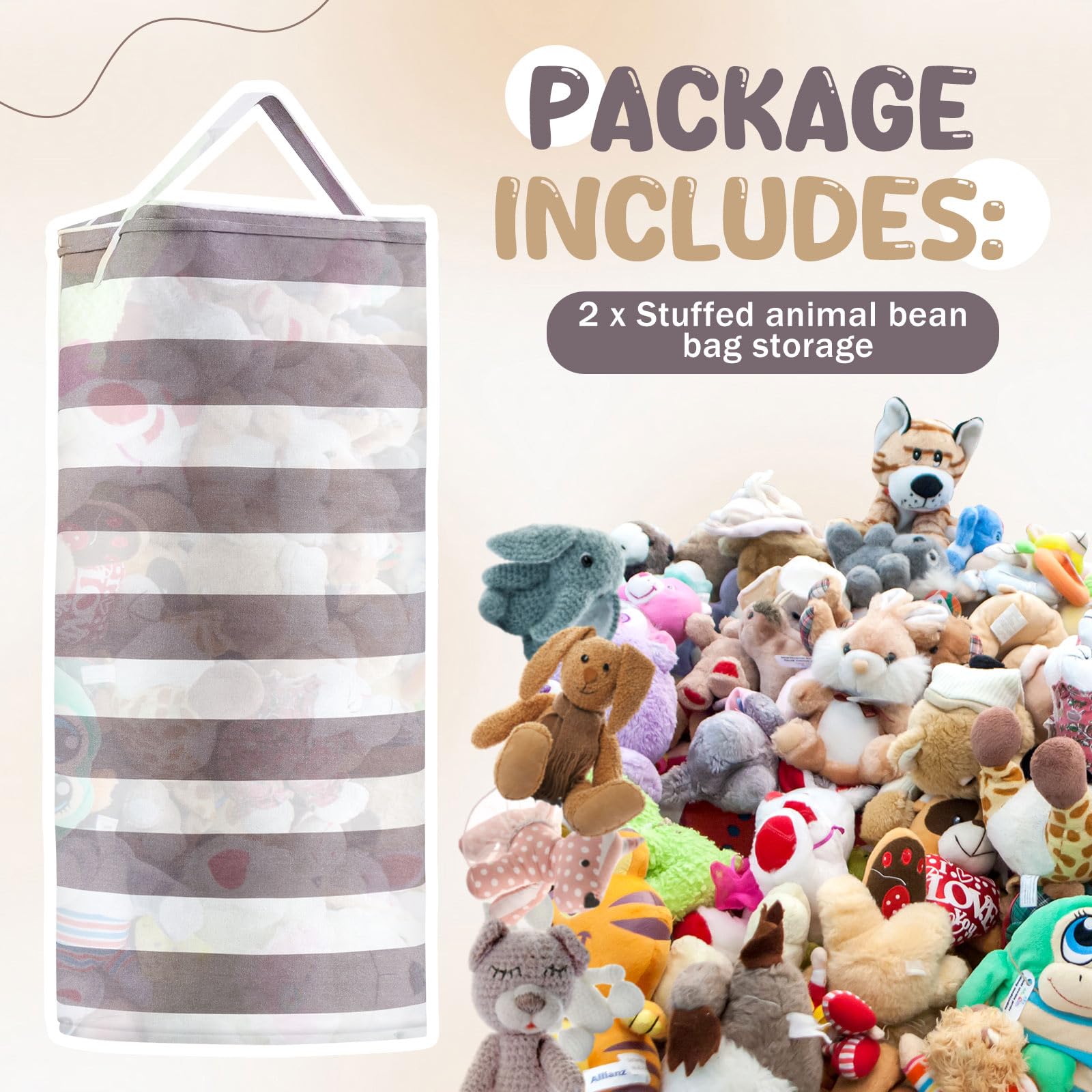 Wonderjune 2 Pcs Stuffed Animal Storage Bean Bag Cover 39.4 x 13.8 Inch Stuff Animal Organizer Zipper Beanbag Canvas Bean Bag Chairs for Organizing Plush Toys or Memory Foam