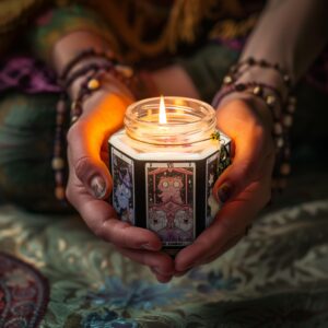 DECOPIRE Tarot Cat Protection Crystal Candle, Handcrafted, Amethyst & Dry Flowers, Amber & Sandalwood Scent, for Birthdays, Witchcraft, Relaxation