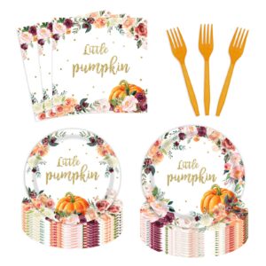 96pcs little pumpkin girl party decorations fall autumn floral baby shower happy 1st birthday party tableware set 24 guests thanksgiving dinner dessert plates and napkins party supplies