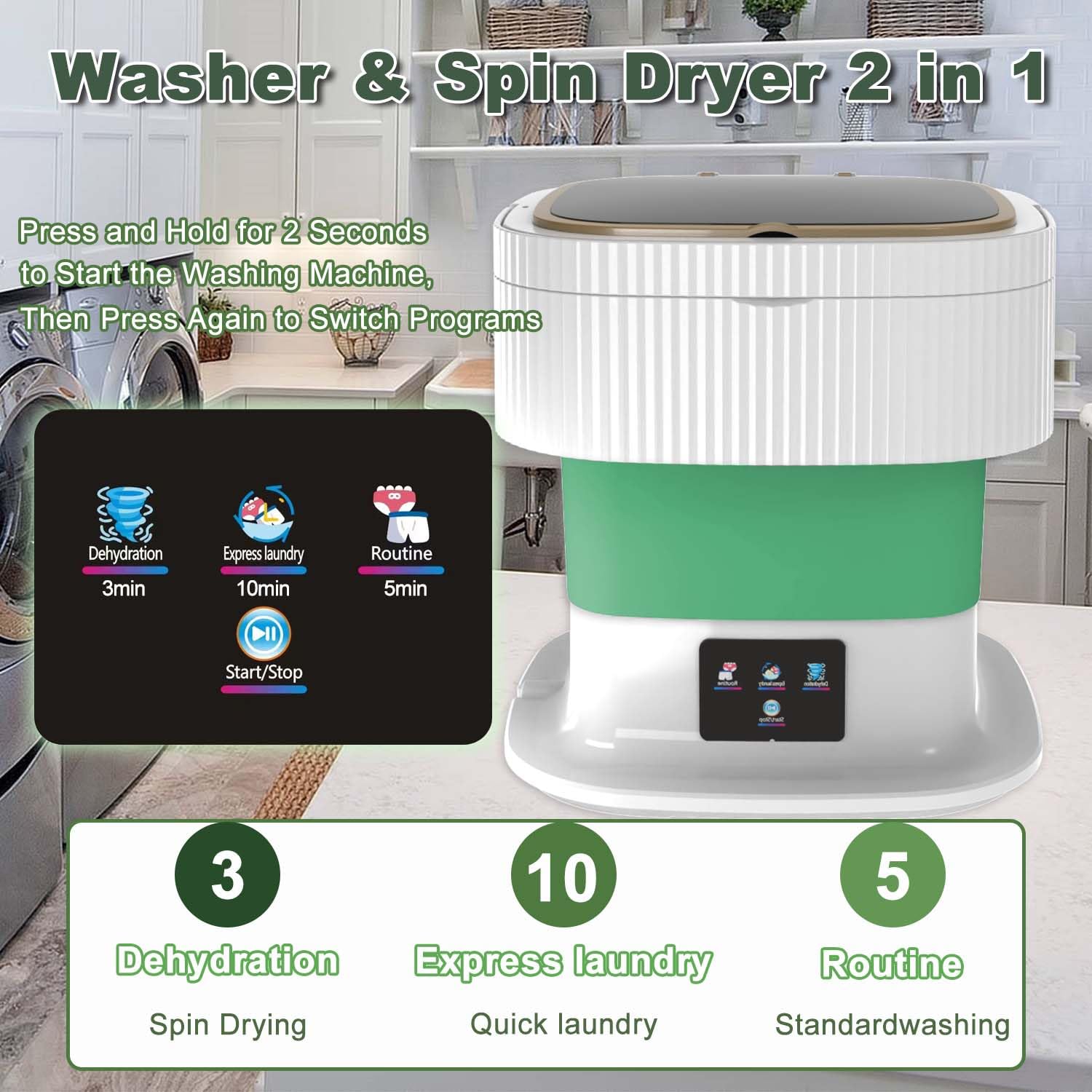 Portable Washing Machine, Small Washing Machine, Foldable Washer with Dryer, Mini Collapsible Laundry for Travel, Sutiable for Apartment, Dorm, Camping, RV, Underwears, Socks, Baby Clothes, Green