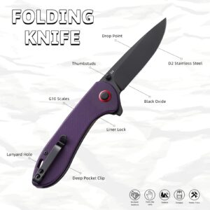 EMHTiii D2 Pocket Knife Folding Knives: 3.14" Stainless Steel Satin Blade, G10 Scales with Reversible Clip, Flipper Liner Lock, Great EDC Gifts for Men Women Camping Hiking Outdoor, Purple