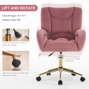 FOXHUNTER Home Office Desk Chair, 360 Swivel Velvet Desk Chair with Gold Base Upholstered Adjustable Swivel Task Chair, Modern Swivel Rolling Chair for Living Room Bedroom (Velvet, Pink)