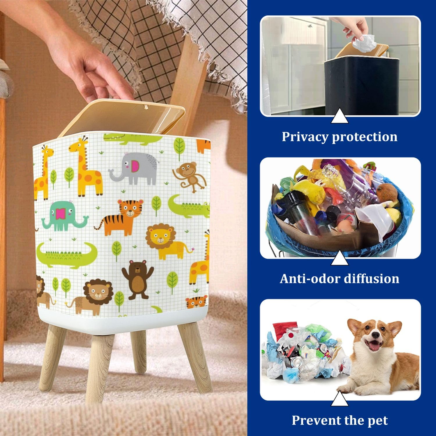 PHAIBHKERP Trash Can with Lid Seamless Cute Character Animals Jungle Cartoon Animal Zoo Garbage Can Rectangular Waste Bin Press Cover Dog Proof Wastebasket for Kitchen Bathroom Living Room Nursery