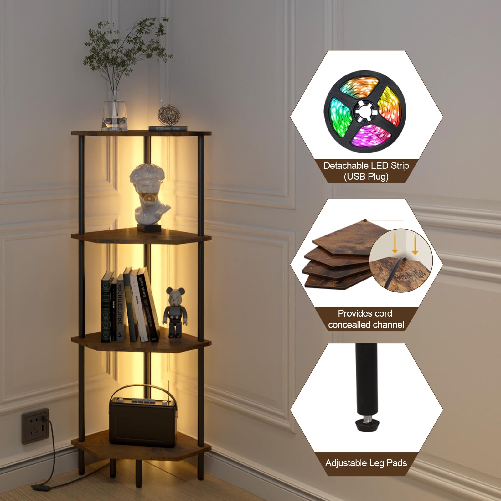 4 Tier Corner Shelf with LED Light,Tall Corner Wall Shelf, Display Shelf,Narrow Bookshelf,The Classic Combination of Rustic Brown and Black Standing Shelf,Suitable for Bedroom,Living Room,Kitchen