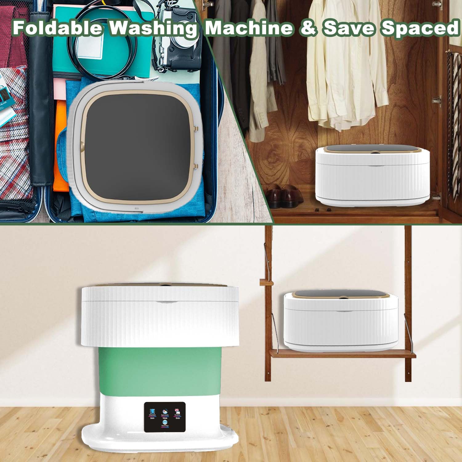 Portable Washing Machine, Small Washing Machine, Foldable Washer with Dryer, Mini Collapsible Laundry for Travel, Sutiable for Apartment, Dorm, Camping, RV, Underwears, Socks, Baby Clothes, Green