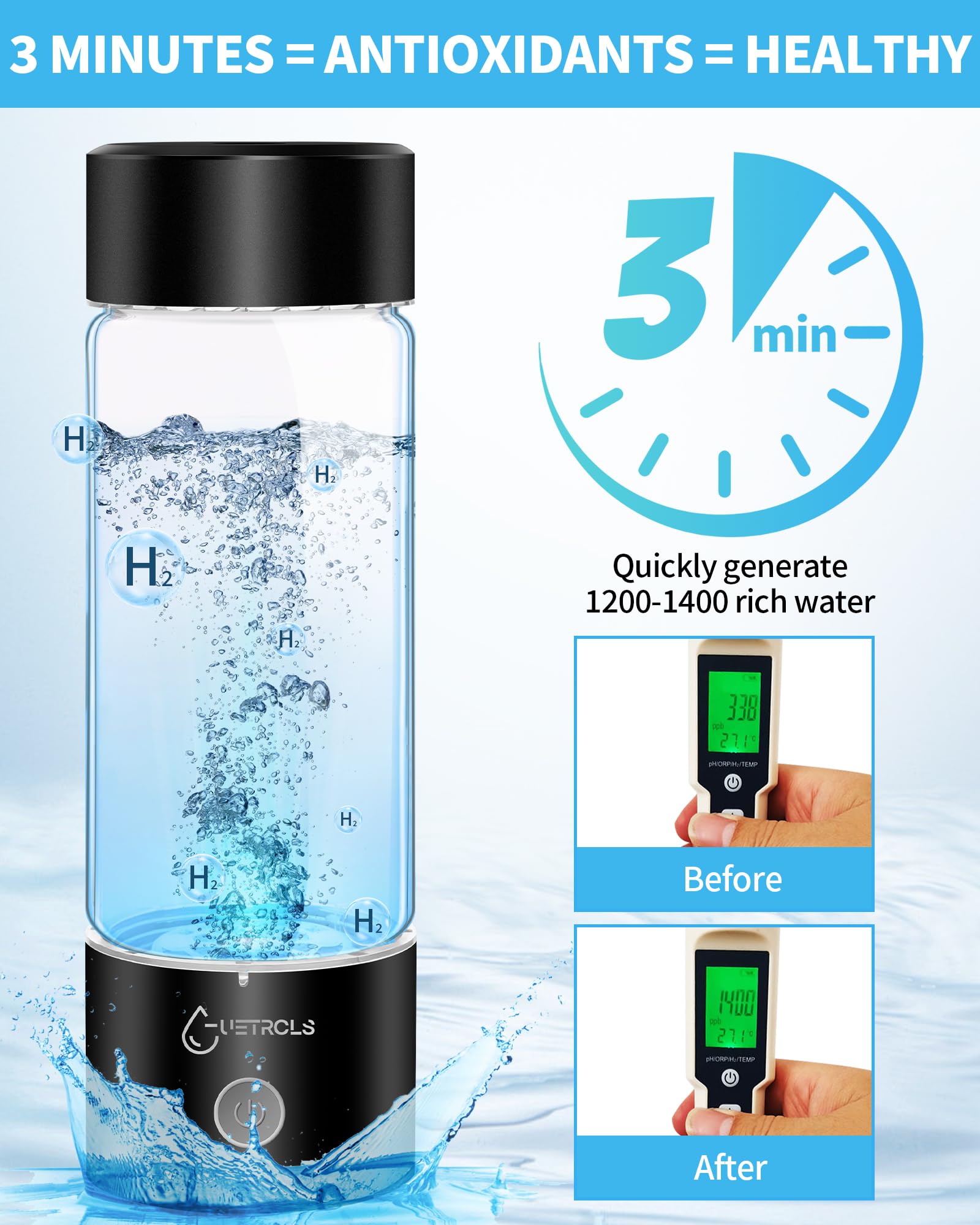 Hydrogen Water Bottle 2024, Hydrogen Water Bottle Generator with SPE PEM Technology Water Ionizer, Hydrogen Water Machine Improve Water in 3 Minutes for Home, Office, Travel, Daily Drinking(Black)