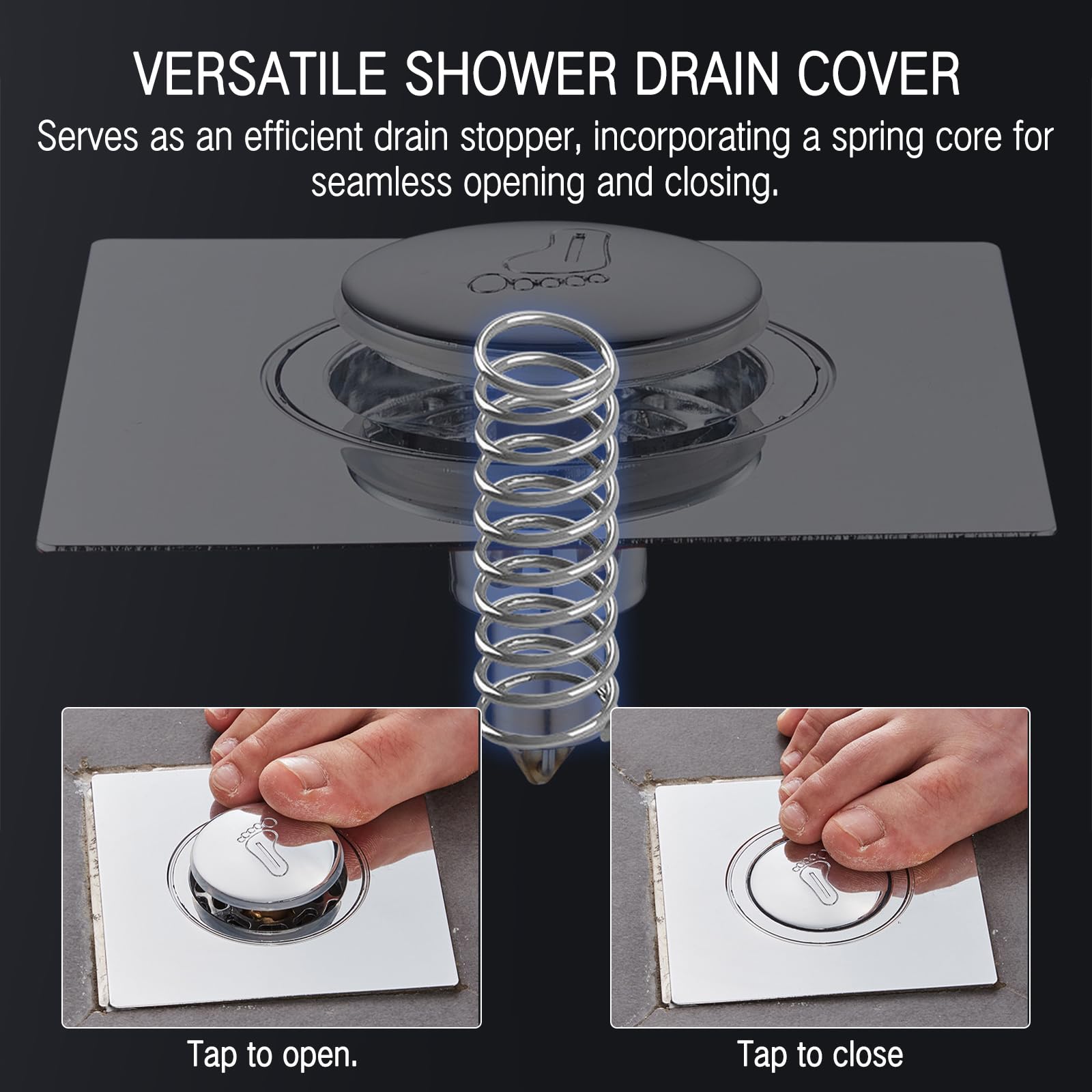 TECHPLUS Shower Drain Cover - Drain Stopper with Spring Core Anti-Odor, Versatile Stainless Shower Floor Drain Strainer for Bathroom and Bathtub Renovation (Large 3.86 in)