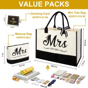 Mrs 2024 Bride Canvas Tote Bag with Bride Makeup Bag, Bride Gifts Bride Bag Tote for Wedding Bridal Shower Bachelorette Party Engagement Honeymoon, Miss to Mrs Bag, Bride to Be Gifts, Future Mrs Gifts