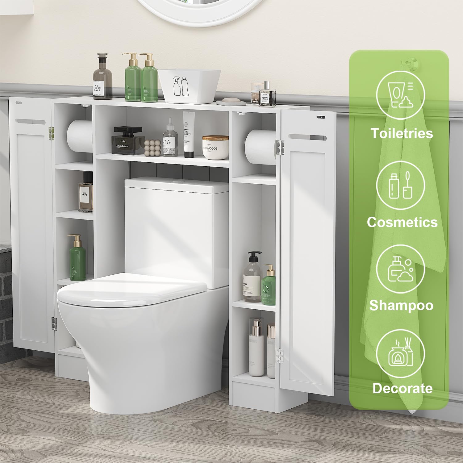 Short Over the Toilet Storage Cabinet – Freestanding Bathroom Space Saver with Adjustable Shelves, Toilet Paper Holder & Anti-Tip Design - Bathroom Organizer for Extra Storage, for Renters, Families