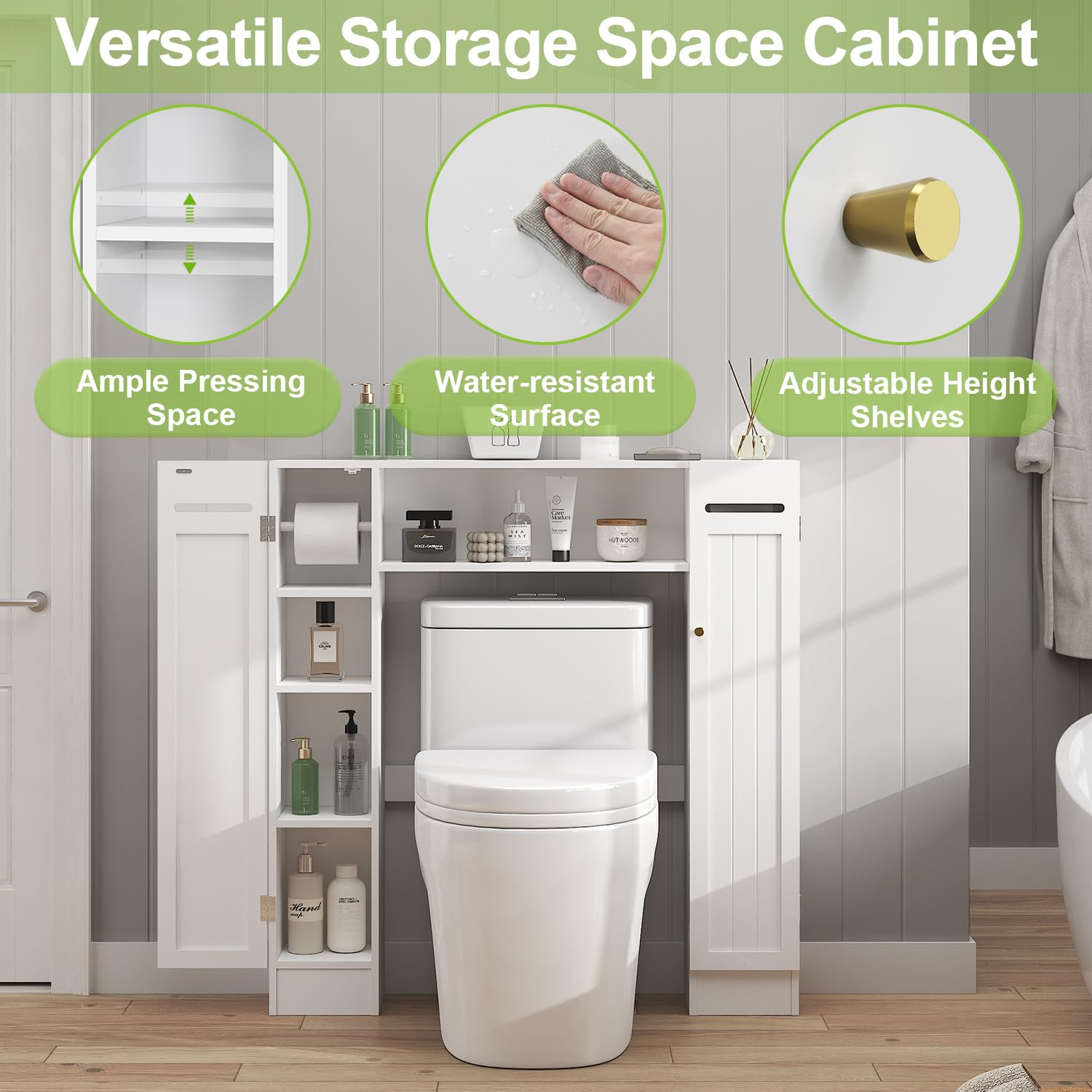 Short Over the Toilet Storage Cabinet – Freestanding Bathroom Space Saver with Adjustable Shelves, Toilet Paper Holder & Anti-Tip Design - Bathroom Organizer for Extra Storage, for Renters, Families