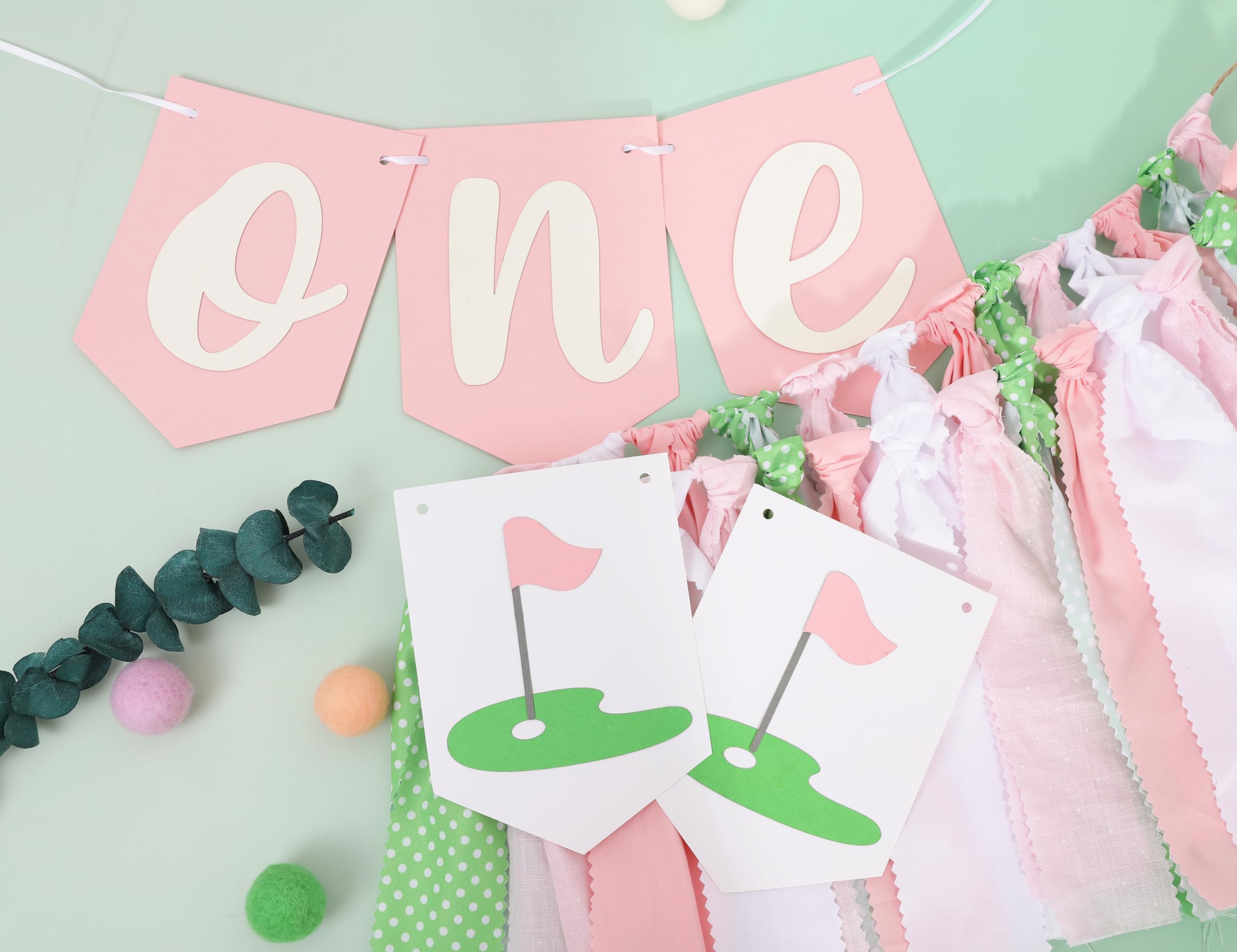 Golf 1st Birthday Decorations For Girls - Hole In One High Chair Banner,Sports Themed First Birthday Photo Props,Golf Pink Green Ribbon One Banner,Baby Girl Smash Cake Backdrop Highchair Banner