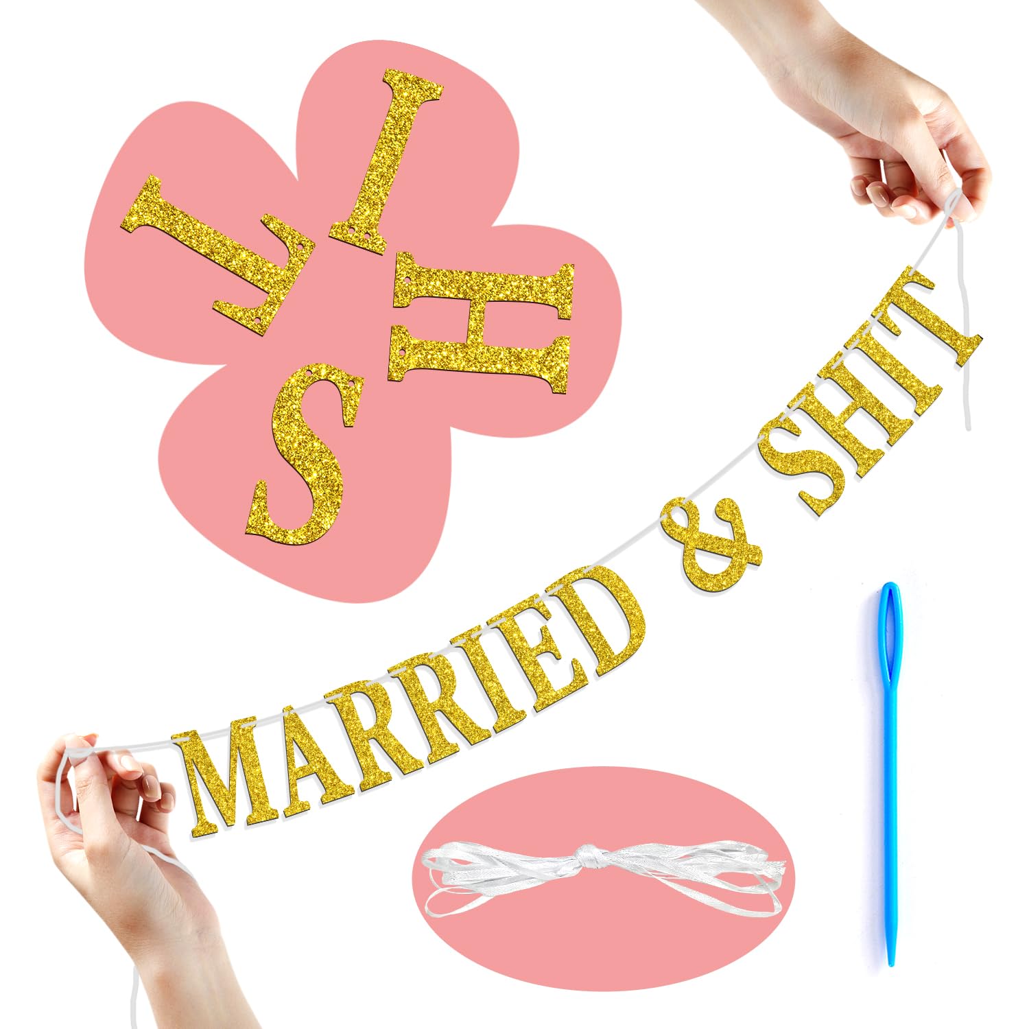 Look at You Getting Married Banner, Backdrop for Wedding Engagement Bridal Shower Party Decorations Supplies, Gold Glitter