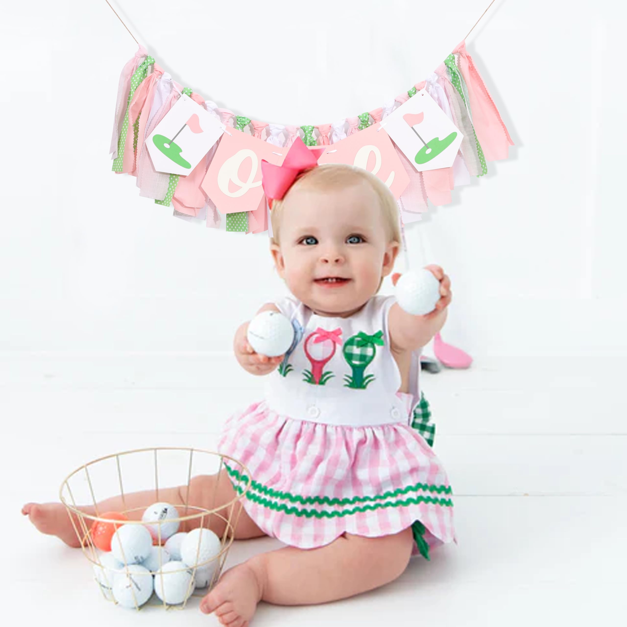 Golf 1st Birthday Decorations For Girls - Hole In One High Chair Banner,Sports Themed First Birthday Photo Props,Golf Pink Green Ribbon One Banner,Baby Girl Smash Cake Backdrop Highchair Banner