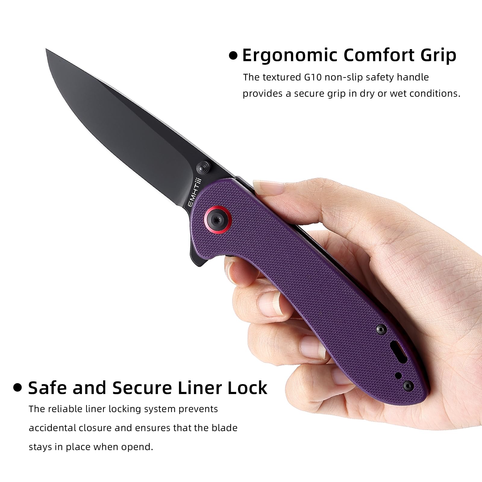 EMHTiii D2 Pocket Knife Folding Knives: 3.14" Stainless Steel Satin Blade, G10 Scales with Reversible Clip, Flipper Liner Lock, Great EDC Gifts for Men Women Camping Hiking Outdoor, Purple