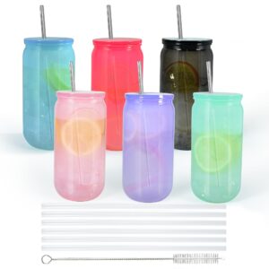 16oz plastic mason jars, 6pack mason drinking acrylic cups with plastic lids and stainless steel straws iced coffee cups shatterproof unbreakable tumblers for smoothies, beer, coffee, jelly color