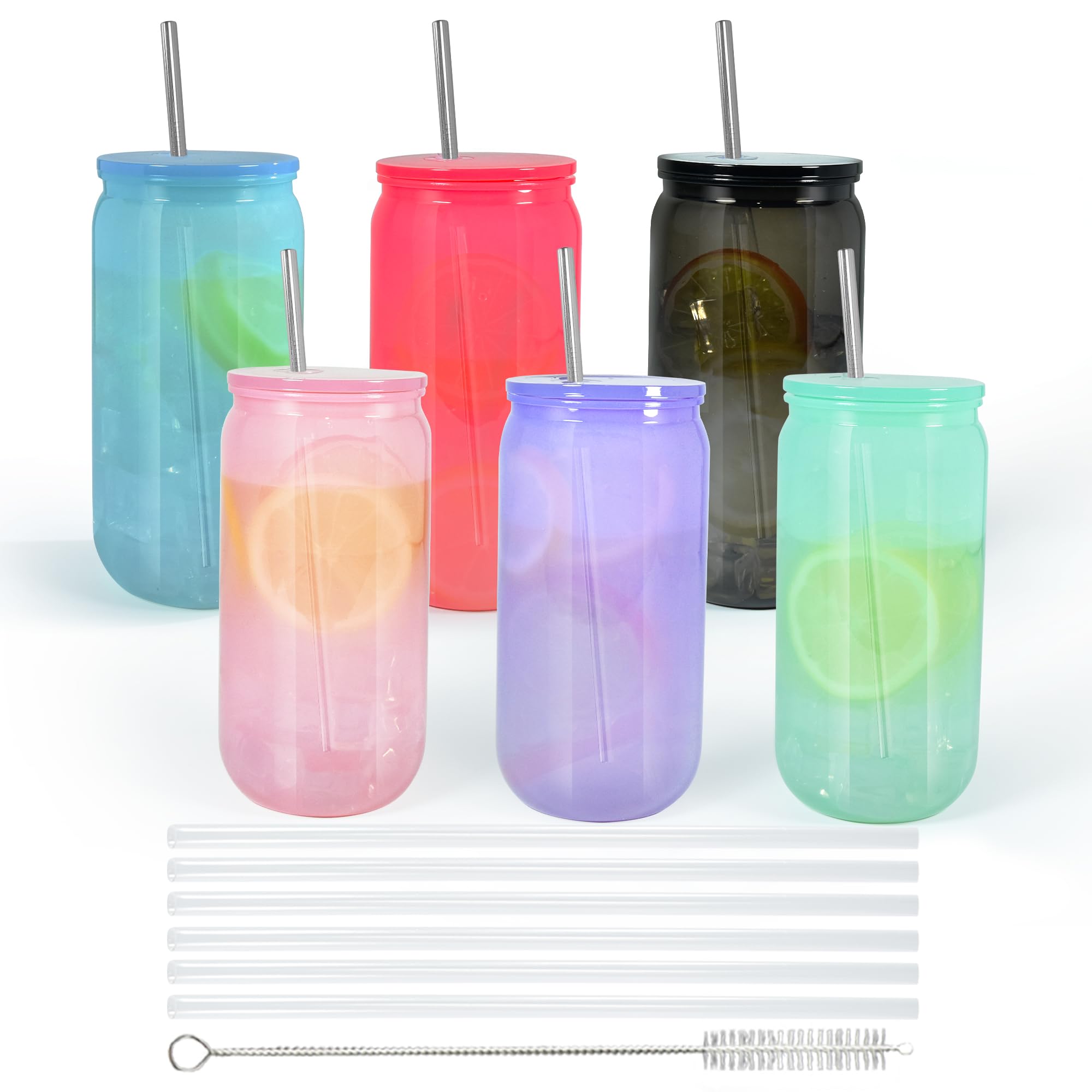 16oz Plastic Mason Jars, 6Pack Mason Drinking Acrylic Cups with Plastic Lids and Stainless Steel Straws Iced Coffee Cups Shatterproof Unbreakable Tumblers for Smoothies, Beer, Coffee, Jelly Color