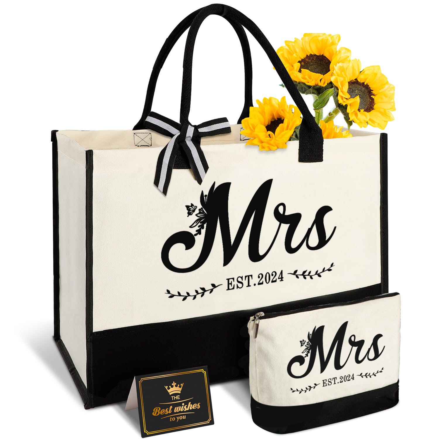 Mrs 2024 Bride Canvas Tote Bag with Bride Makeup Bag, Bride Gifts Bride Bag Tote for Wedding Bridal Shower Bachelorette Party Engagement Honeymoon, Miss to Mrs Bag, Bride to Be Gifts, Future Mrs Gifts