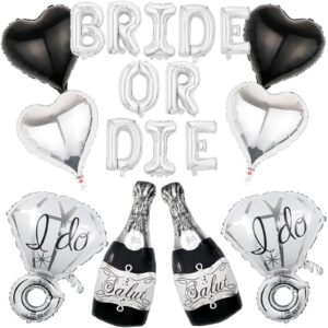 bachelorette party decorations black and silver balloons, bride or die foil balloons wine ballons diamond ring balloons for bridal shower engagement bachelorette party decorations supplies