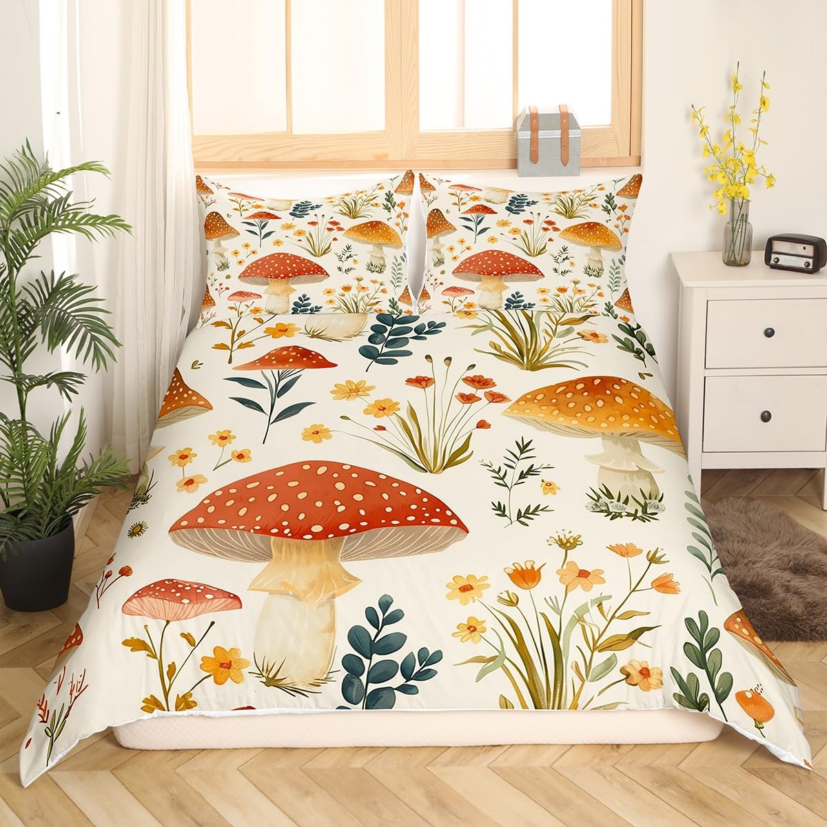 Feelyou Mushroom Bedding Set Natural Wild Fungus Duvet Cover for Kids Boys Girls Plant Botanical Boho Comforter Cover Wild Mushroom Bedspread Cover Queen Size