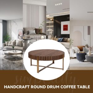 LKTART 31.5'' Round Coffee Table for Living Room, Solid Wood Handcraft Drum Coffee Table, Wooden Felief Coffee Table, Stainless Steel Legs Sturdy Pedestal Tea Table, Apartment Small Space,Walnut