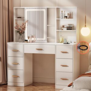 knoworld 47'' large vanity desk with mirror and lights, 7 drawers, 8 storage shelves vanity table, big makeup vanity desk with 3 led lighting modes, vanity dresser with outlet, sliding mirror (white)