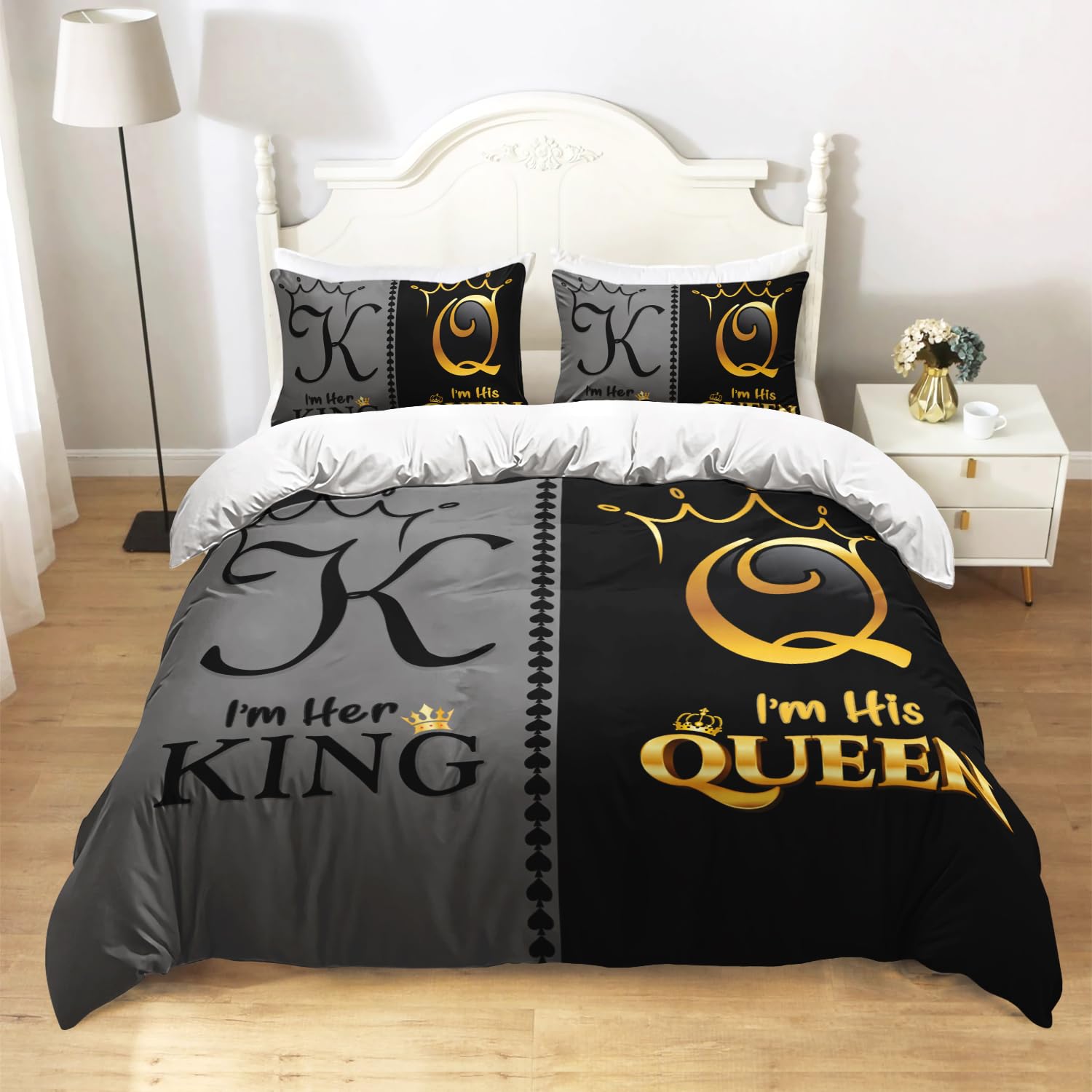 AILONEN Grey and Black Duvet Cover Set King Size, K and Q Printed Crown Couple Bedding Set Gifts,3 Piece His Her Themed Lightweight Microfiber Comforter Cover with 2 Pillowcases