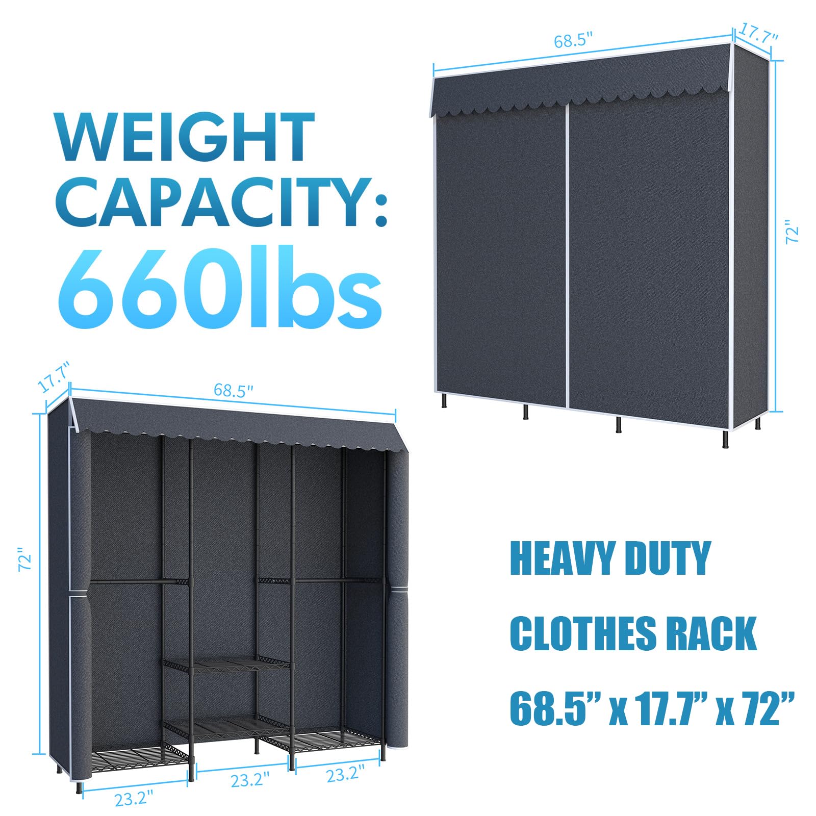 68 inch Heavy Duty Portable Closet Wardrobe Closet with Cover Large Storage Clothes Rack for Hanging Clothes Metal Armoire Wardrobe Closet Shelves Freestanding Clothing Racks for Bedroom Gray 660 LBS