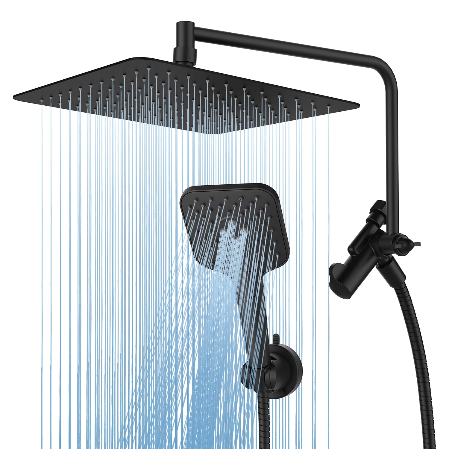 Gabrylly Shower Heads with Handheld Spray Combo, 10" High Pressure Rainfall Shower Head with 11" Extention Arm and Suction Cup Holder, 3-Setting Handheld Shower Head with 59" Shower Hose, Matte Black