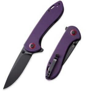 emhtiii d2 pocket knife folding knives: 3.14" stainless steel satin blade, g10 scales with reversible clip, flipper liner lock, great edc gifts for men women camping hiking outdoor, purple