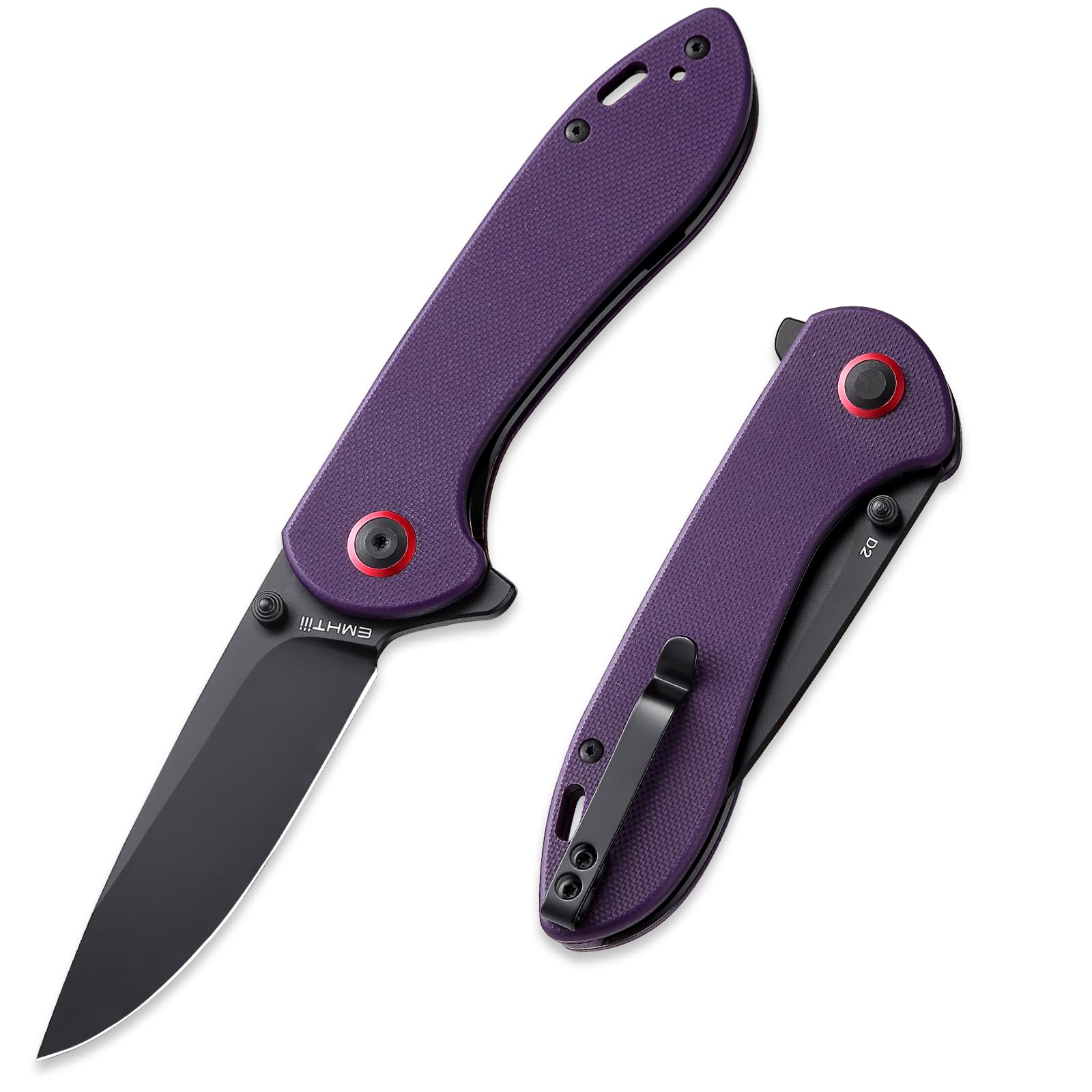 EMHTiii D2 Pocket Knife Folding Knives: 3.14" Stainless Steel Satin Blade, G10 Scales with Reversible Clip, Flipper Liner Lock, Great EDC Gifts for Men Women Camping Hiking Outdoor, Purple