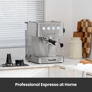 Gemilai Espresso Machine, Professional Espresso Maker with Milk Frother Steam Wand & 1.8QT Water Tank, Espresso Maker with 1500W Fast Heating for Latte Macchiato Cappuccino, Brushed Stainless Steel