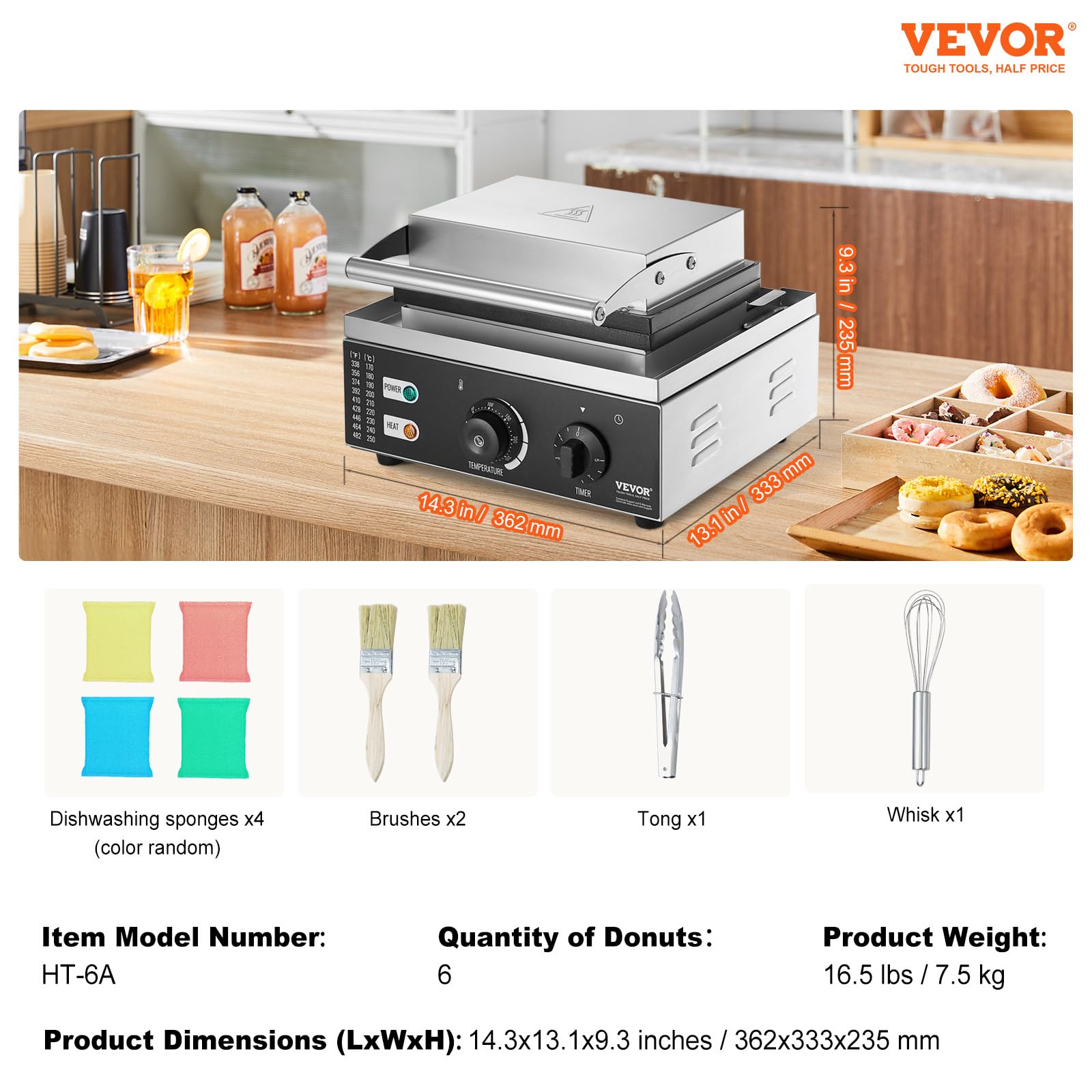 VEVOR Electric Donut Maker, 1550W Commercial Doughnut Machine with Non-stick Surface, 6 Holes Double-Sided Heating Waffle Machine Makes 6 Doughnuts, Temperature 122-572℉, for Restaurant and Home Use