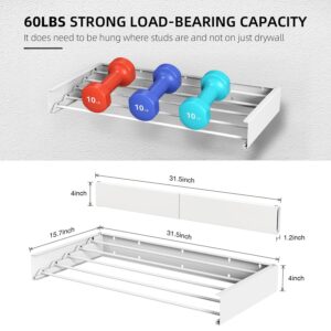 Laundry Drying Rack Collapsible, Wall Mounted Drying Rack, Clothes Wall Drying Rack, Space Saving Drying Rack for Laundry, 31.5" Wide, 13.2 Linear Ft, 5 Aluminum Rods, 60 lb Capacity (White 31.5")