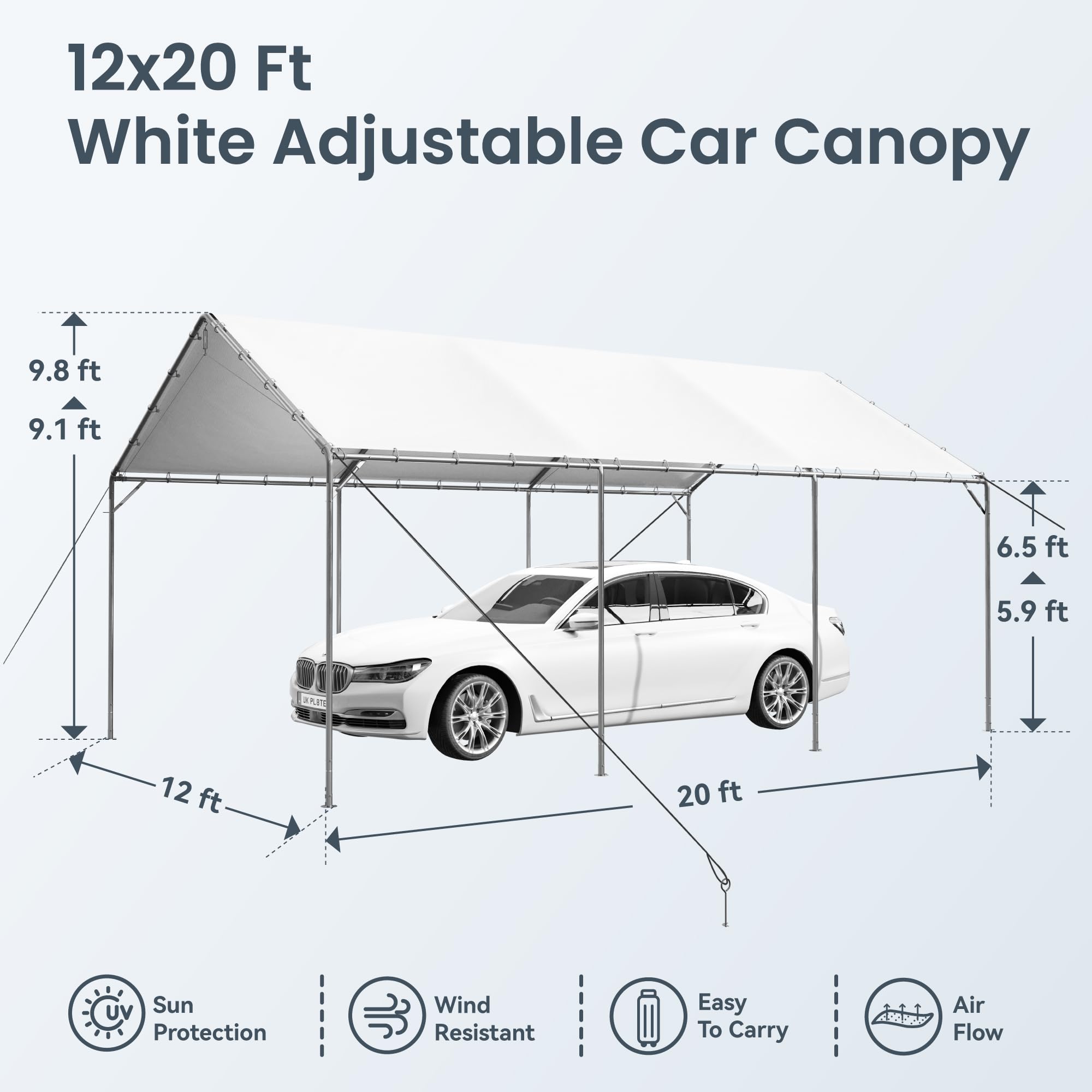 PHI VILLA 12x20 ft Heavy Duty Carport Car Canopy Party Tent Adjustable Peak Height, Garage Storage Boat Shelter with Waterproof & UV Protected Tarp, White