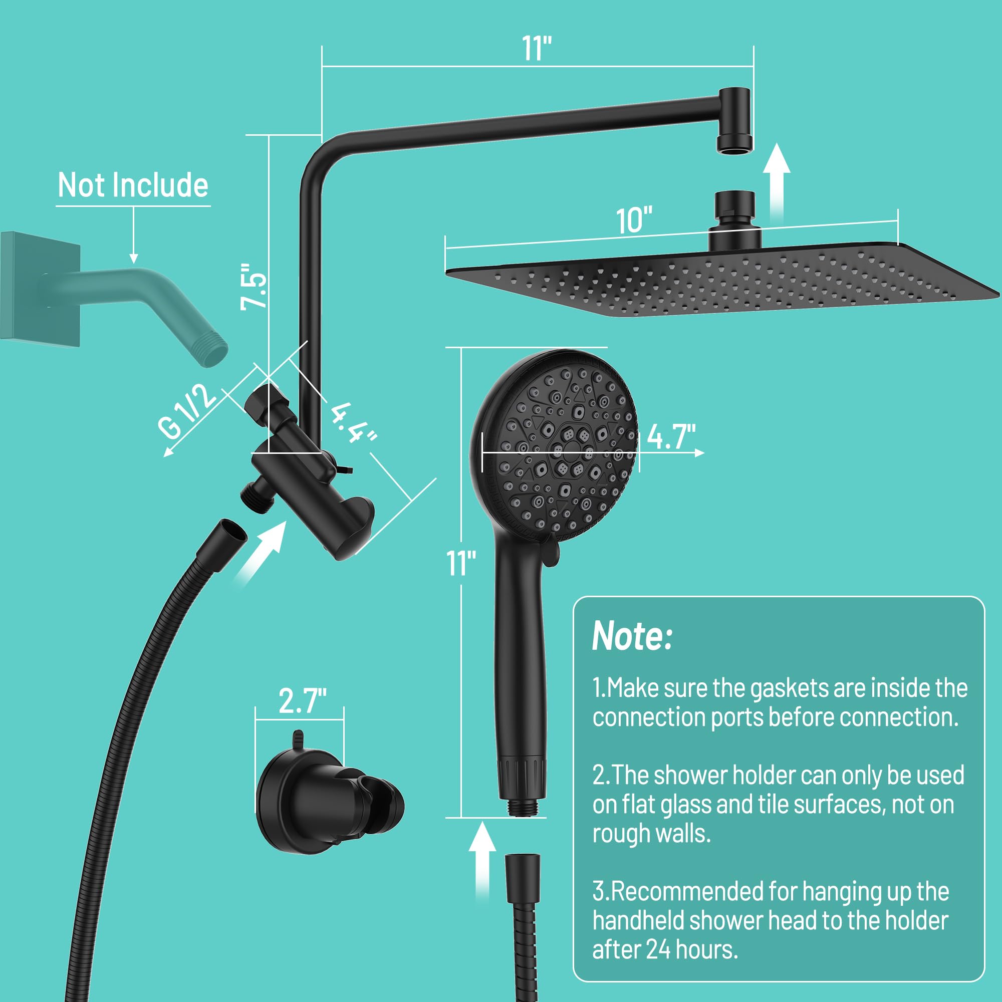 Holispa Shower Heads with Handheld Spray Combo, 10" Rain Shower Head with Handheld, 12" Extension Arm with 3-Way Diverter, Handheld Shower Head with Filter, 59" Stainless Steel Hose, Matte Black