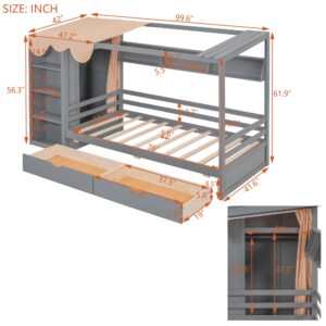 Merax Twin Size House Bed Frame with 2 Drawers, Built-in Wardrobe, Storage Shelves, Guardrail and Curtain, Wooden Bed for Kids