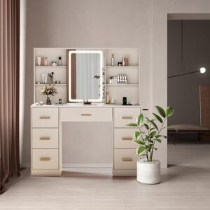 knoworld 47'' Large Vanity Desk with Mirror and Lights, 7 Drawers, 8 Storage Shelves Vanity Table, Big Makeup Vanity Desk with 3 LED Lighting Modes, Vanity Dresser with Outlet, Sliding Mirror (White)